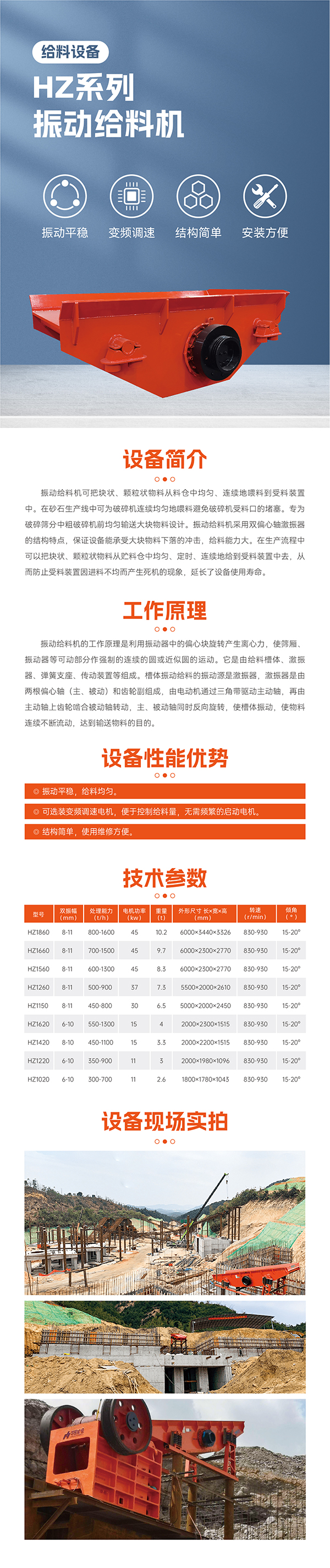 振動平穩(wěn)，給料均勻。 可選裝變頻調(diào)速電機，便于控制；給料量，無需頻繁的啟動電機。  結(jié)構(gòu)簡單，使用維修方便。 最大標(biāo)準(zhǔn)型號HZ1860振動給料機標(biāo)配45KW電機 雙振幅 8-11mm  重量10.2噸，轉(zhuǎn)速830-930R/min  安裝傾角 15-20度， 處理量可達(dá)800-1600噸  適合大型生產(chǎn)線礦山項目使用一般使用在時產(chǎn)1000-2000噸，此系列振動給料機可根據(jù)具體客戶實際需要加大尺寸響應(yīng)提升給料效率！